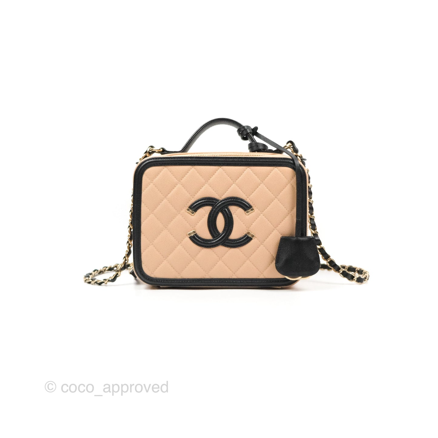 Chanel Quilted Medium CC Filigree Vanity Case Black Beige Caviar Gold Hardware