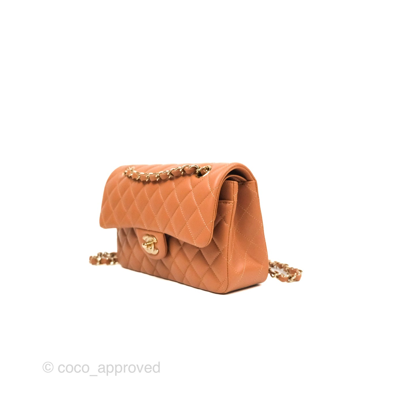 Chanel Small Classic Quilted Flap Dark Beige Caramel Lambskin Gold Hardware