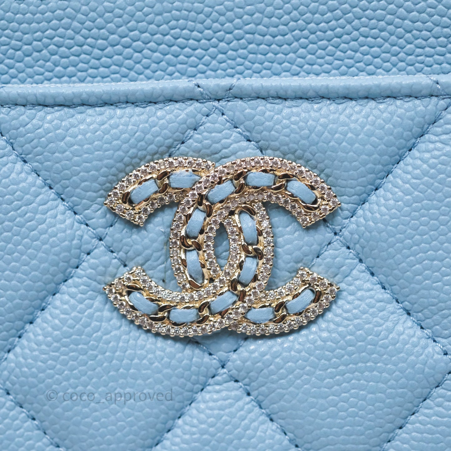 Chanel Quilted Crystal CC Zip Card Holder Wallet Light Blue Caviar Gold Hardware