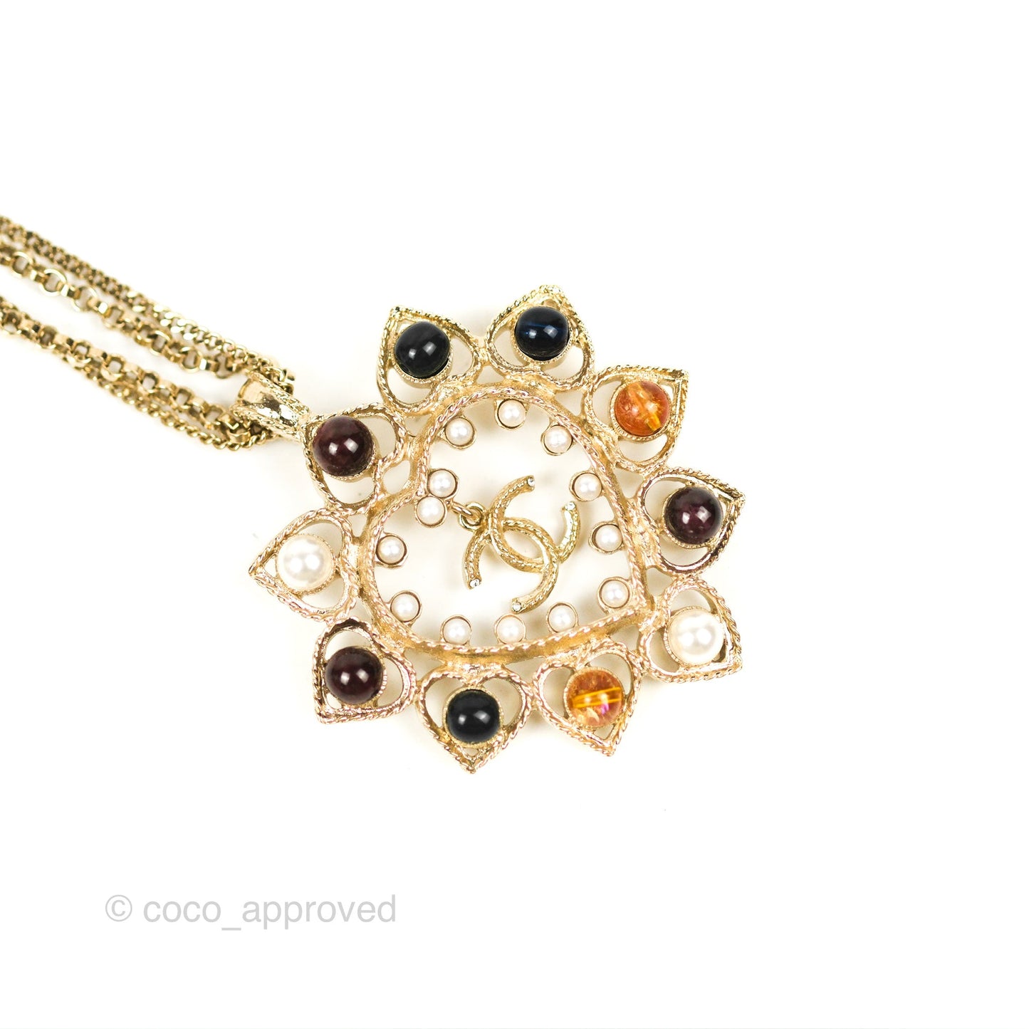 Chanel Heart Pearl CC Stone Pendant Necklace Gold Tone 19B