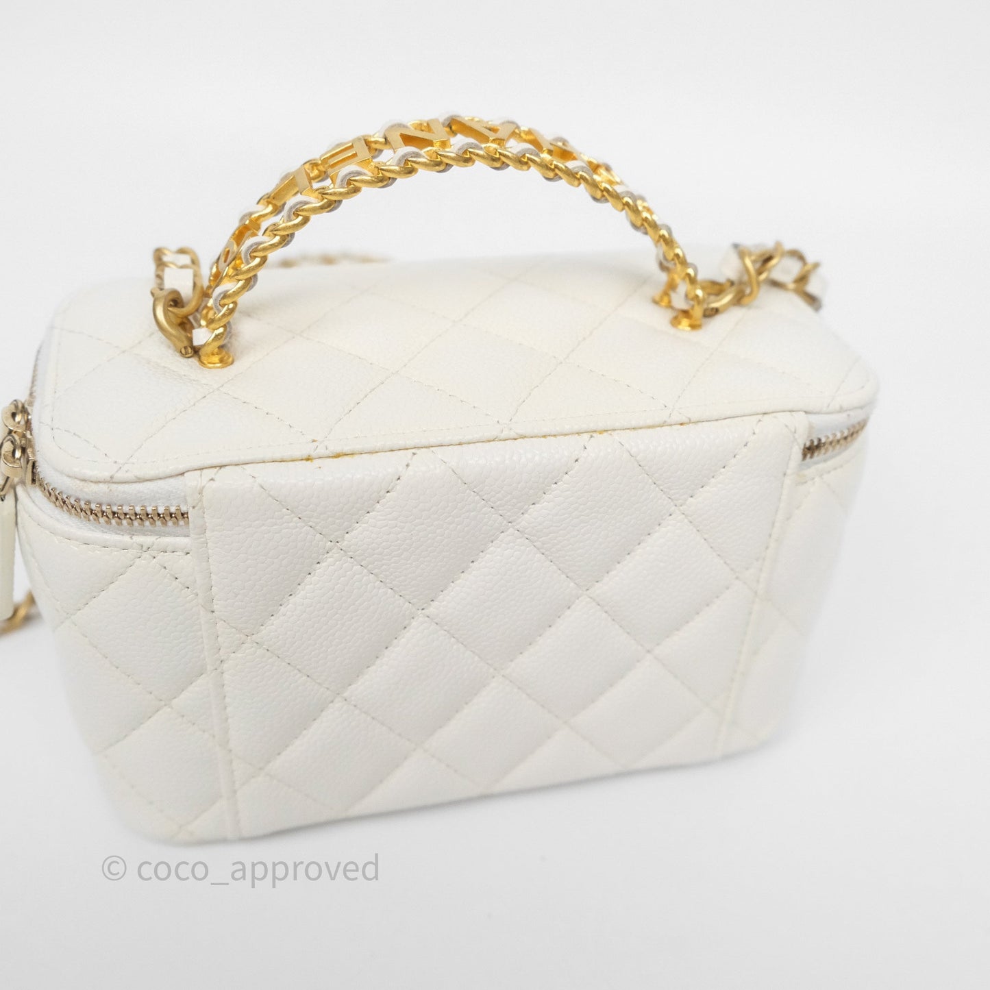 Chanel Logo Top Handle Vanity Rectangular White Caviar Aged Gold Hardware