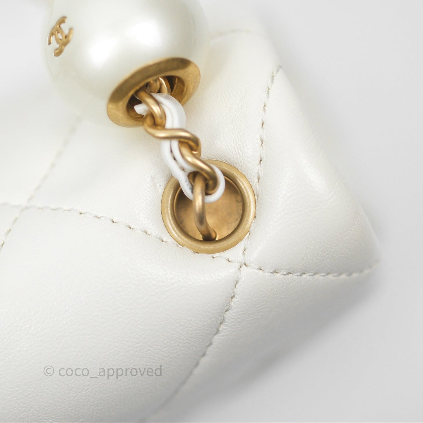 Chanel Quilted Double Pearl Adjustable Chain Flap Bag White Lambskin Aged Gold Hardware 24S