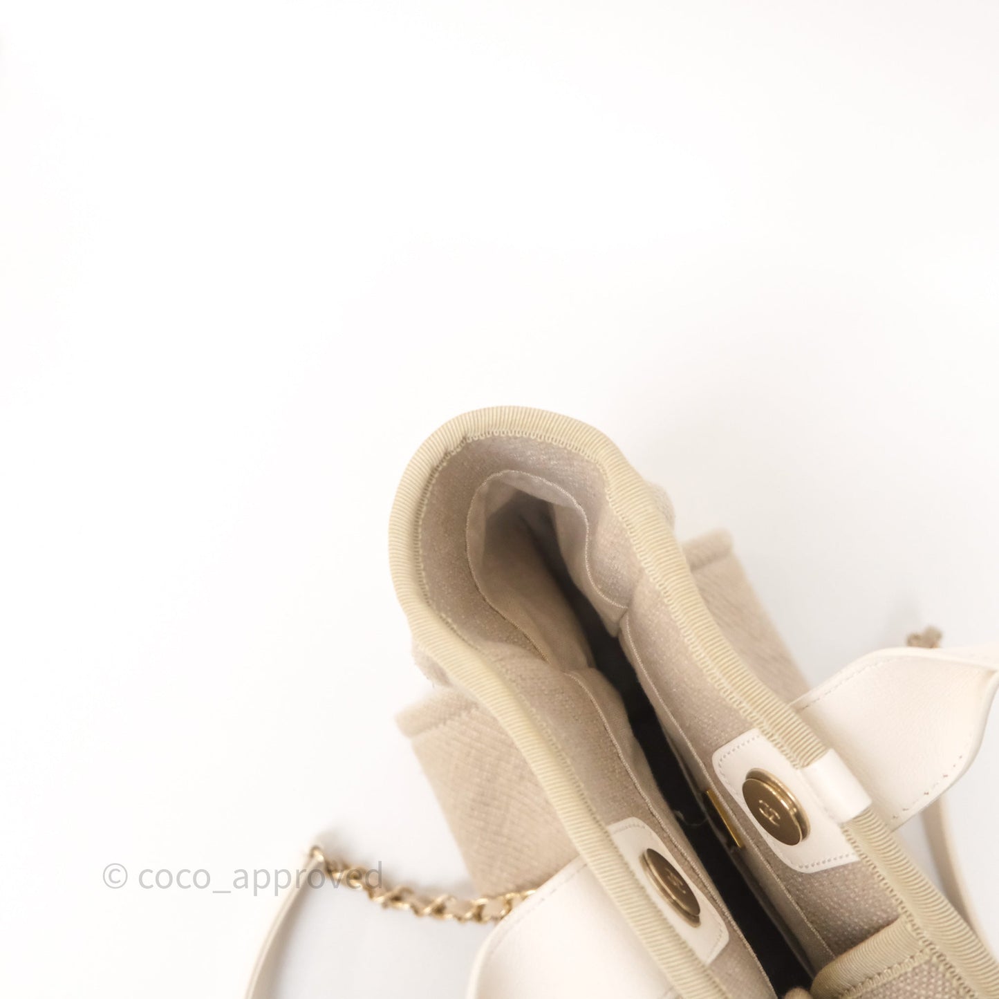 Chanel New Small Deauville Tote Beige Canvas Gold Hardware