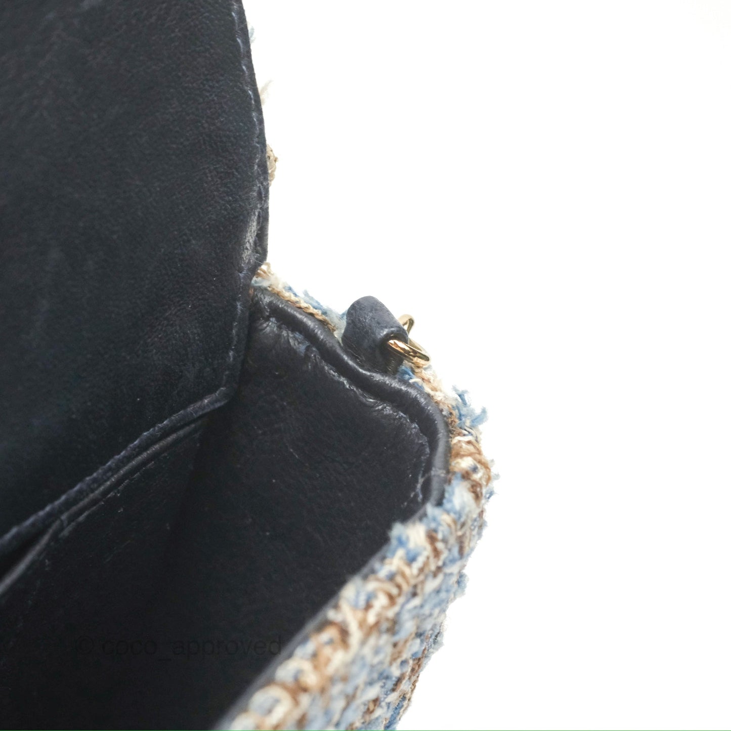 Chanel East West Chocolate Bar Flap Bag Grey Blue Tweed 24K Gold Hardware