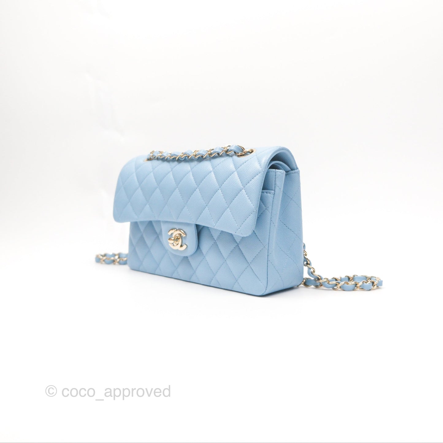 Chanel Small Classic Quilted Flap Light Blue Caviar Gold Hardware
