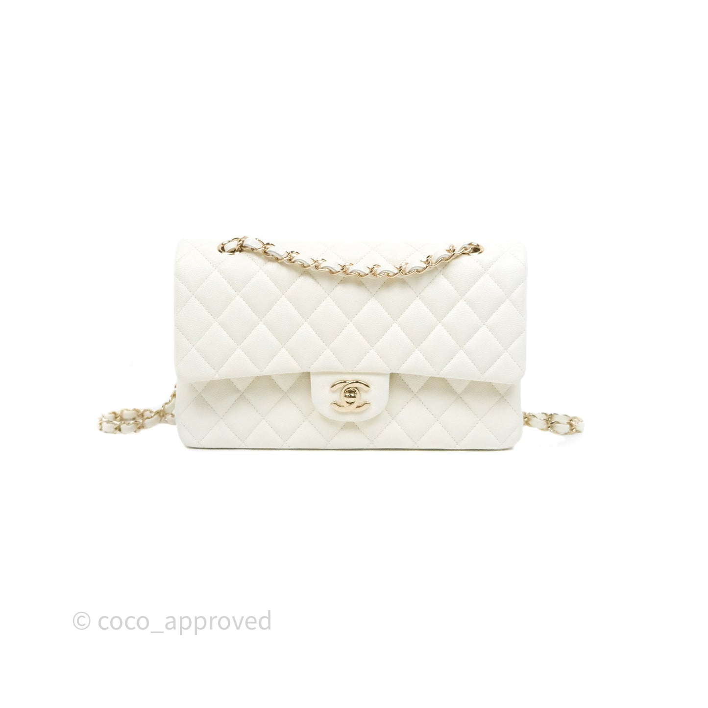 Chanel Classic M/L Medium Flap Quilted Ivory White Caviar Gold Hardware