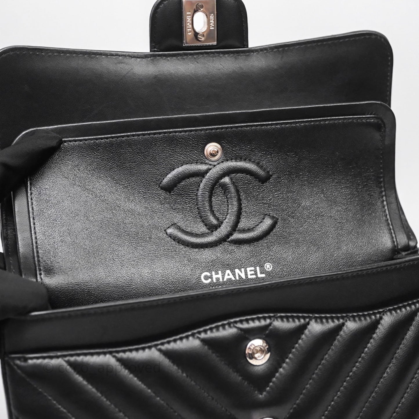 Chanel Small Classic Chevron Flap Black Lambskin Silver Hardware