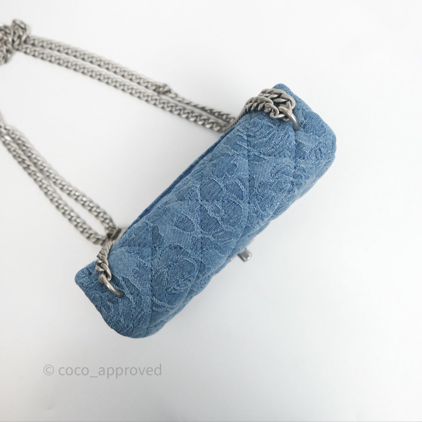 Chanel Quilted Camellia Printed Heart Crush Mini Flap Bag Blue Denim Aged Silver Hardware