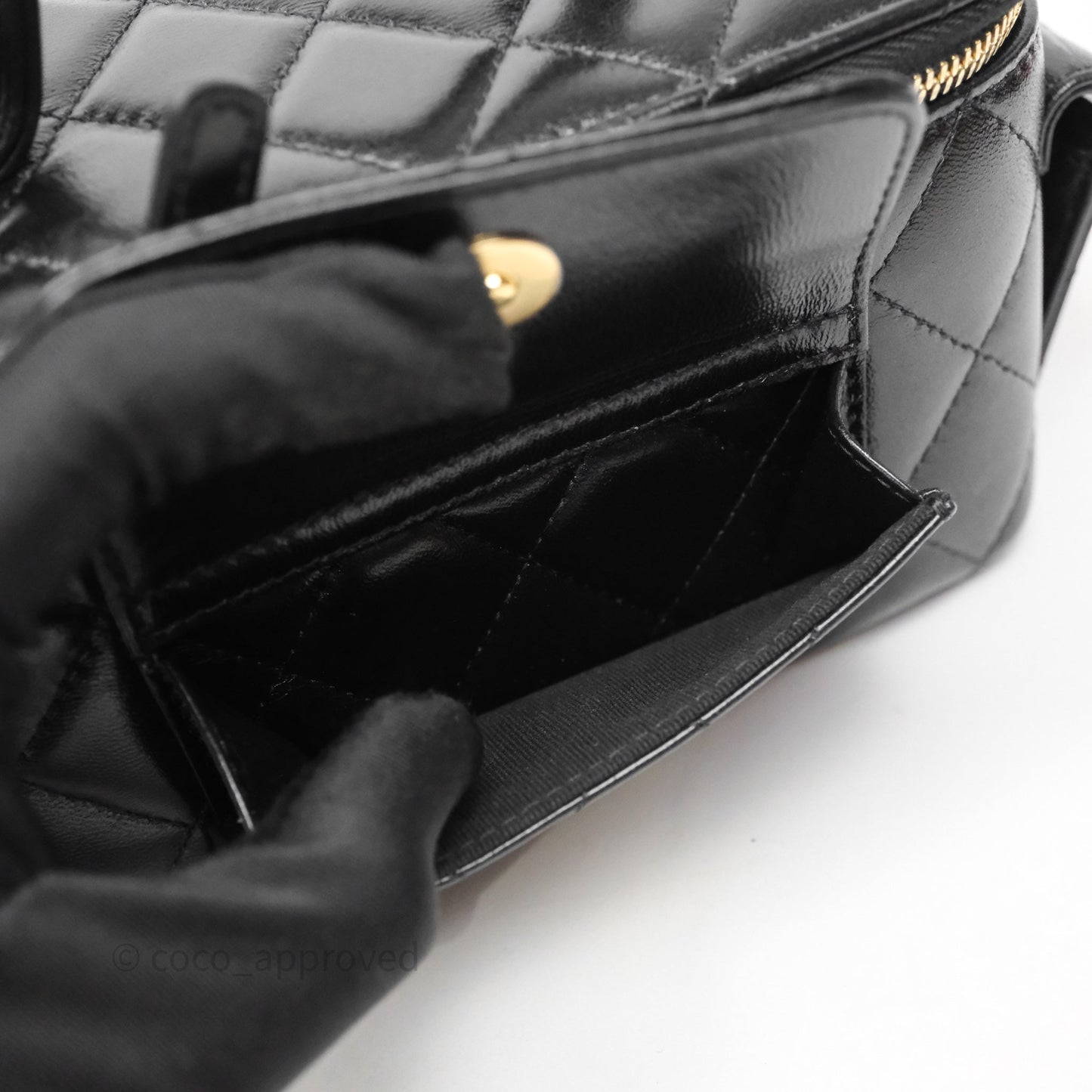 Chanel Quilted Top Handle Pocket Vanity Case Black Shiny Lambskin Bag Gold Hardware