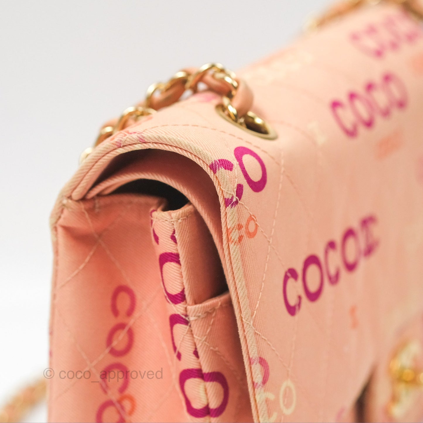 Chanel Coco Logo Medium Classic Flap Quilted Coral Pink Canvas Gold Hardware