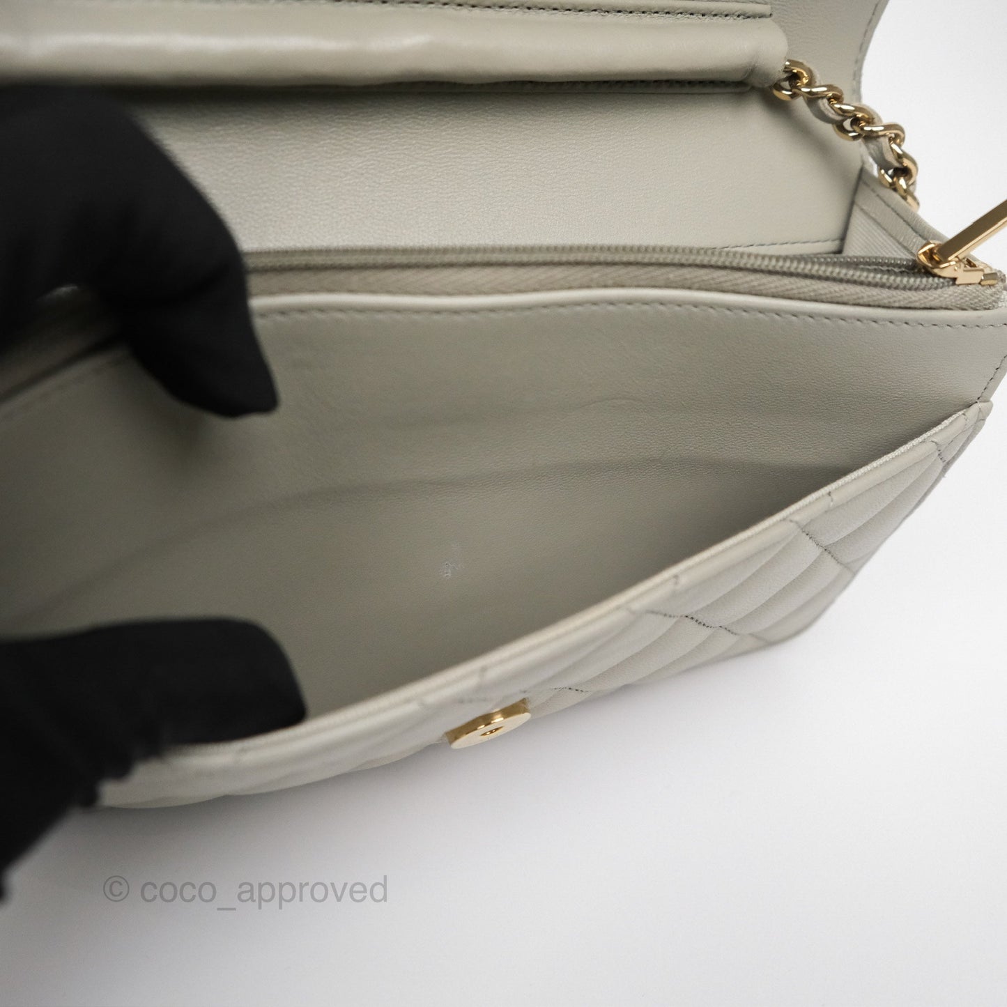 Chanel Classic Quilted Wallet on Chain WOC Light Grey Lambskin Gold Hardware