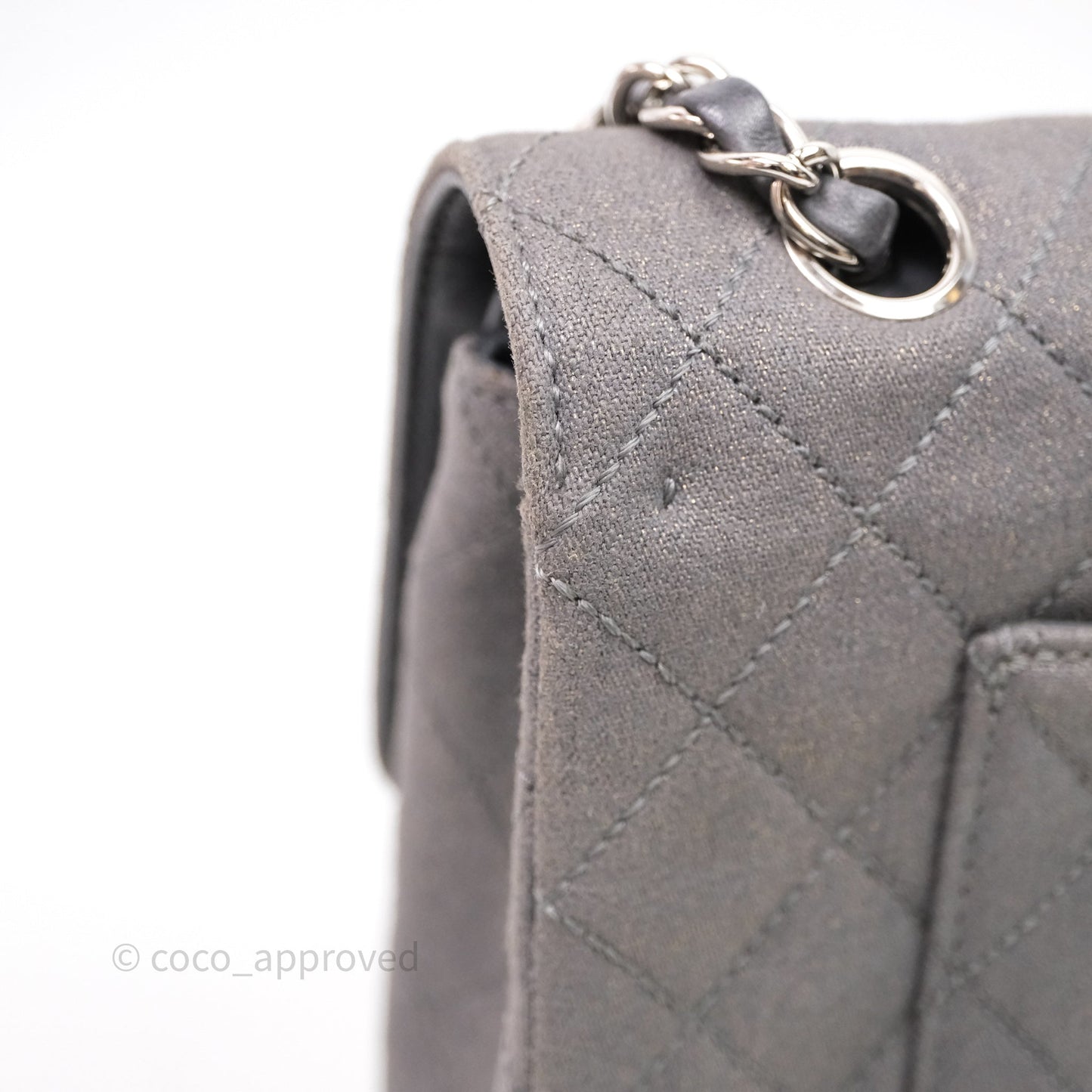 Chanel Classic M/L Medium Flap Quilted Iridescent Metallic Grey Canvas Silver Hardware