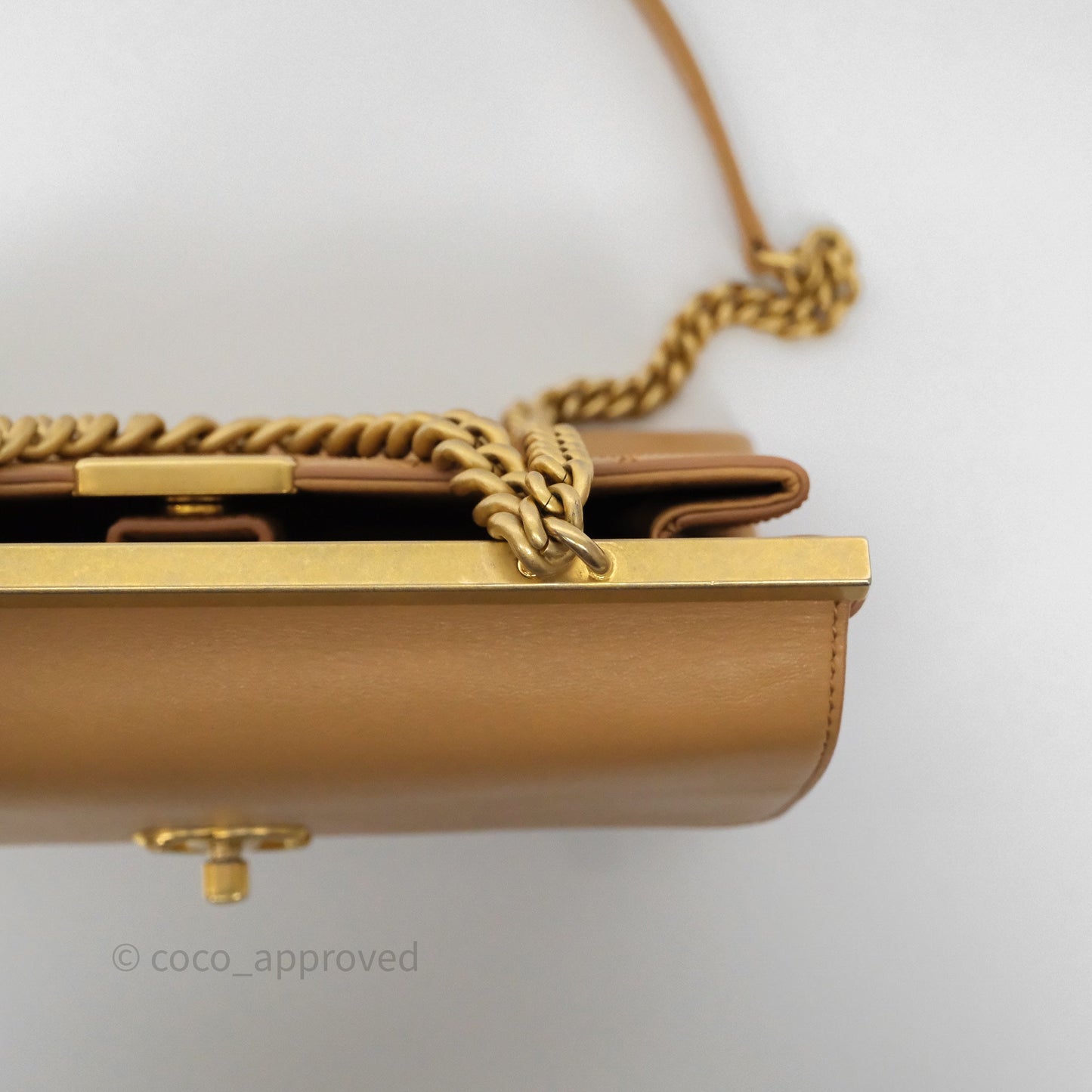 Chanel Small Coco Luxe Flap Bag Caramel Beige Calfskin Aged Gold Hardware