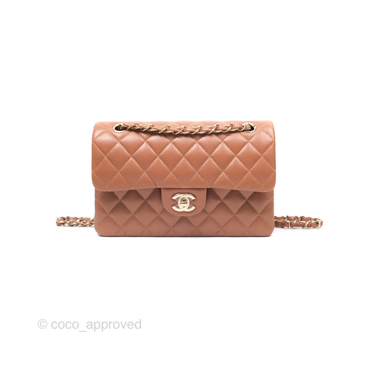 Chanel Small Classic Quilted Flap Dark Beige Caramel Lambskin Gold Hardware
