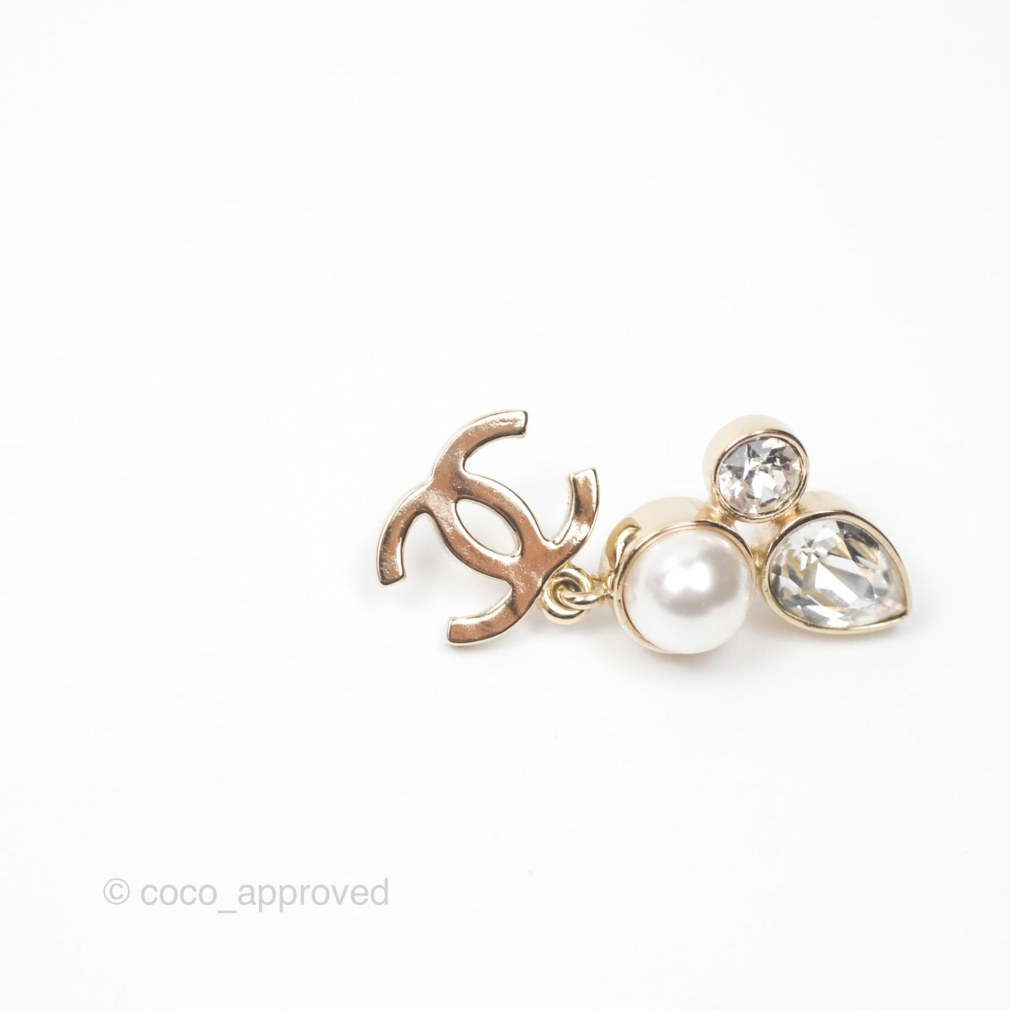 Chanel Rhinestone Pearl CC Drop Earrings Gold Tone 22C