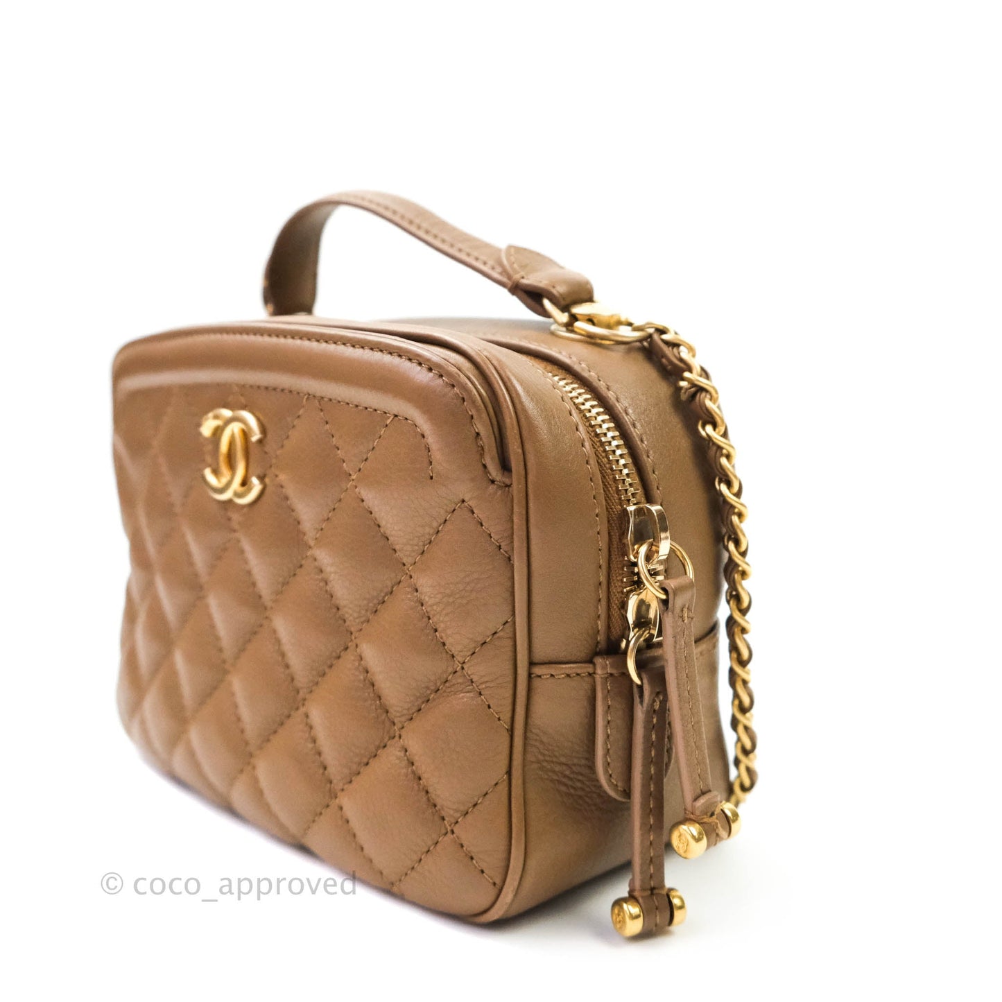 Chanel Small CC Quilted Vanity Case Brown Beige Calfskin Aged Gold Hardware