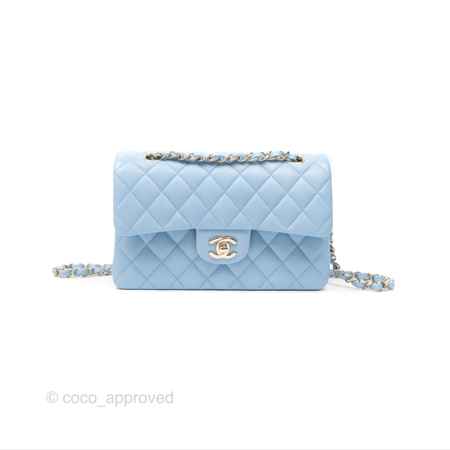 Chanel Small Classic Quilted Flap Light Blue Caviar Gold Hardware