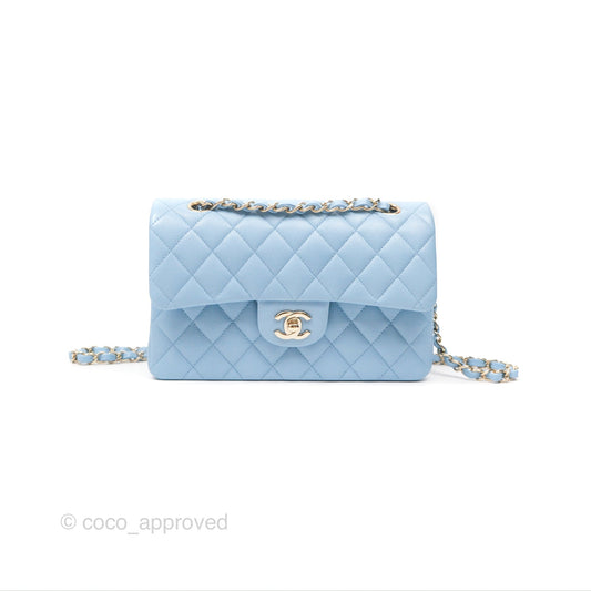 Chanel Small Classic Quilted Flap Light Blue Caviar Gold Hardware