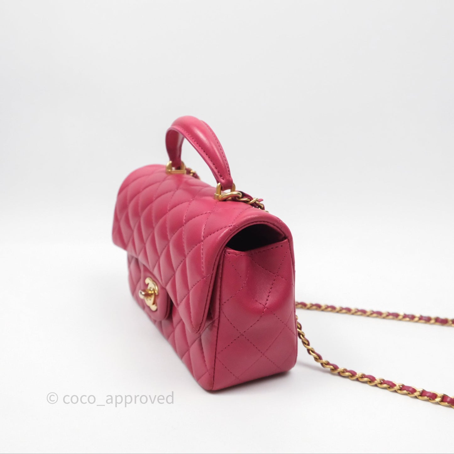 Chanel Top Handle Mini Rectangular Flap Red Lambskin Aged Gold Hardware
