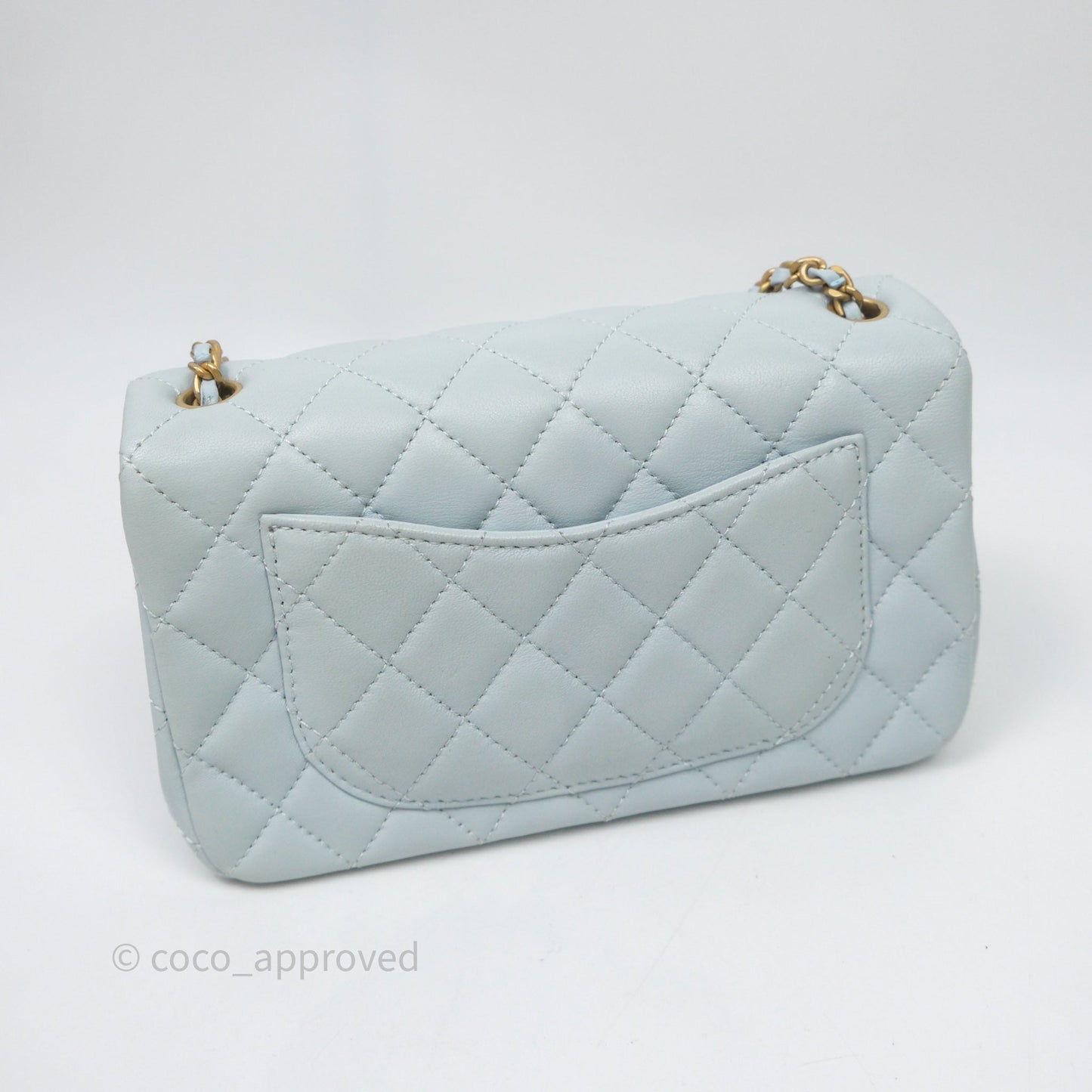Chanel Pearl Crush Mini Rectangular Light Blue Lambskin Aged Gold Hardware