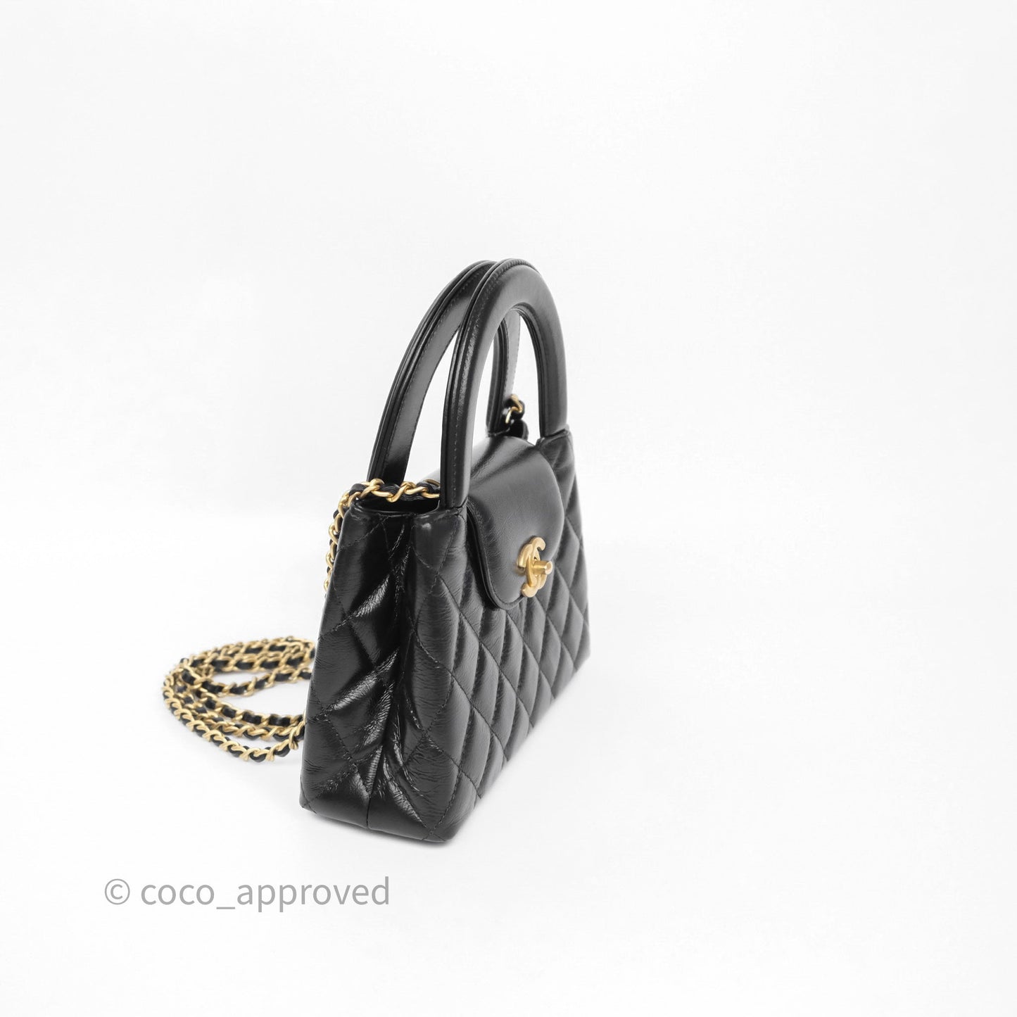 Chanel Kelly Bag Quilted Black Shiny Crumpled Calfskin Aged Gold Hardware