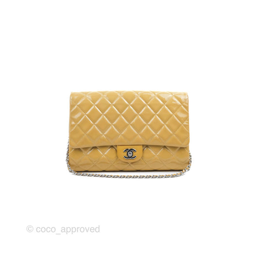 Chanel Quilted Clutch with Chain Beige Patent Silver Hardware