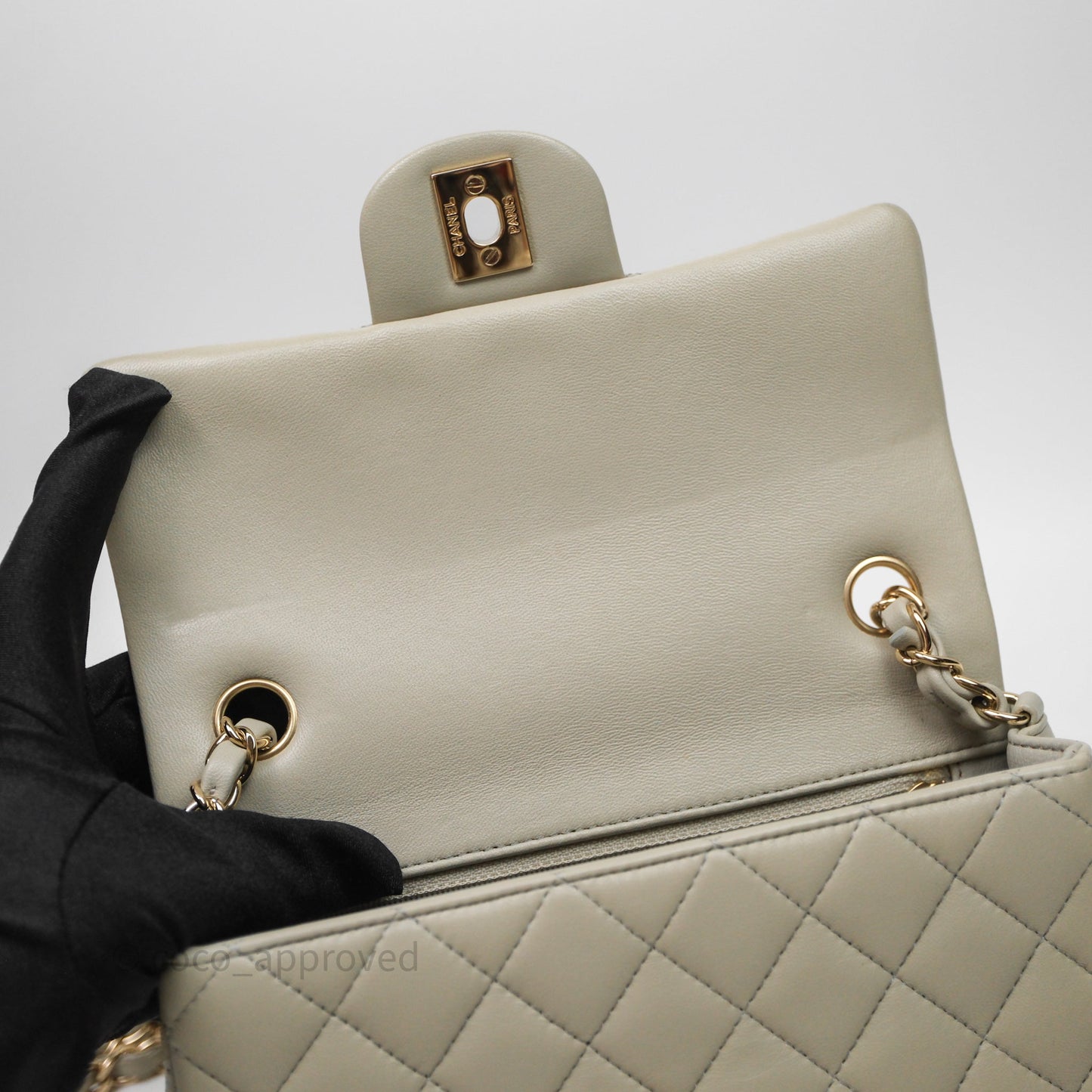 Chanel Mini Rectangular Flap Quilted Light Grey Lambskin Gold Hardware 22C