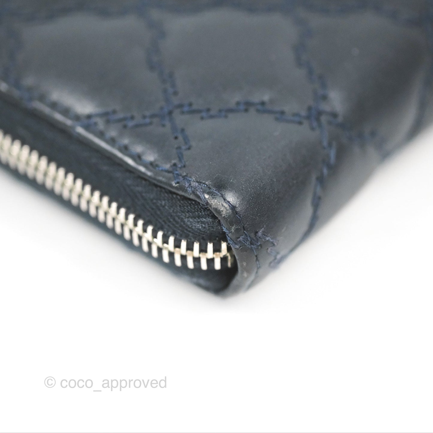 Chanel Quilted Zip Long Wallet Navy Lambskin Silver Hardware