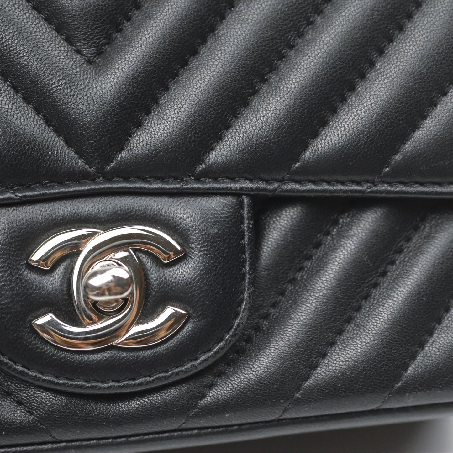 Chanel Mini Square Black Chevron Lambskin Silver Hardware