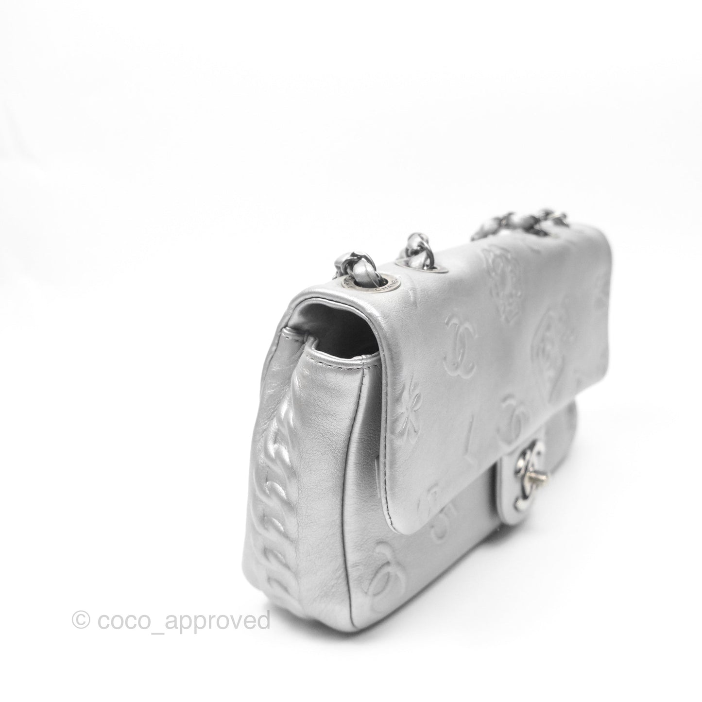 Chanel Medium Single Flap Embossed Metallic Silver Lambskin Ruthenium Hardware