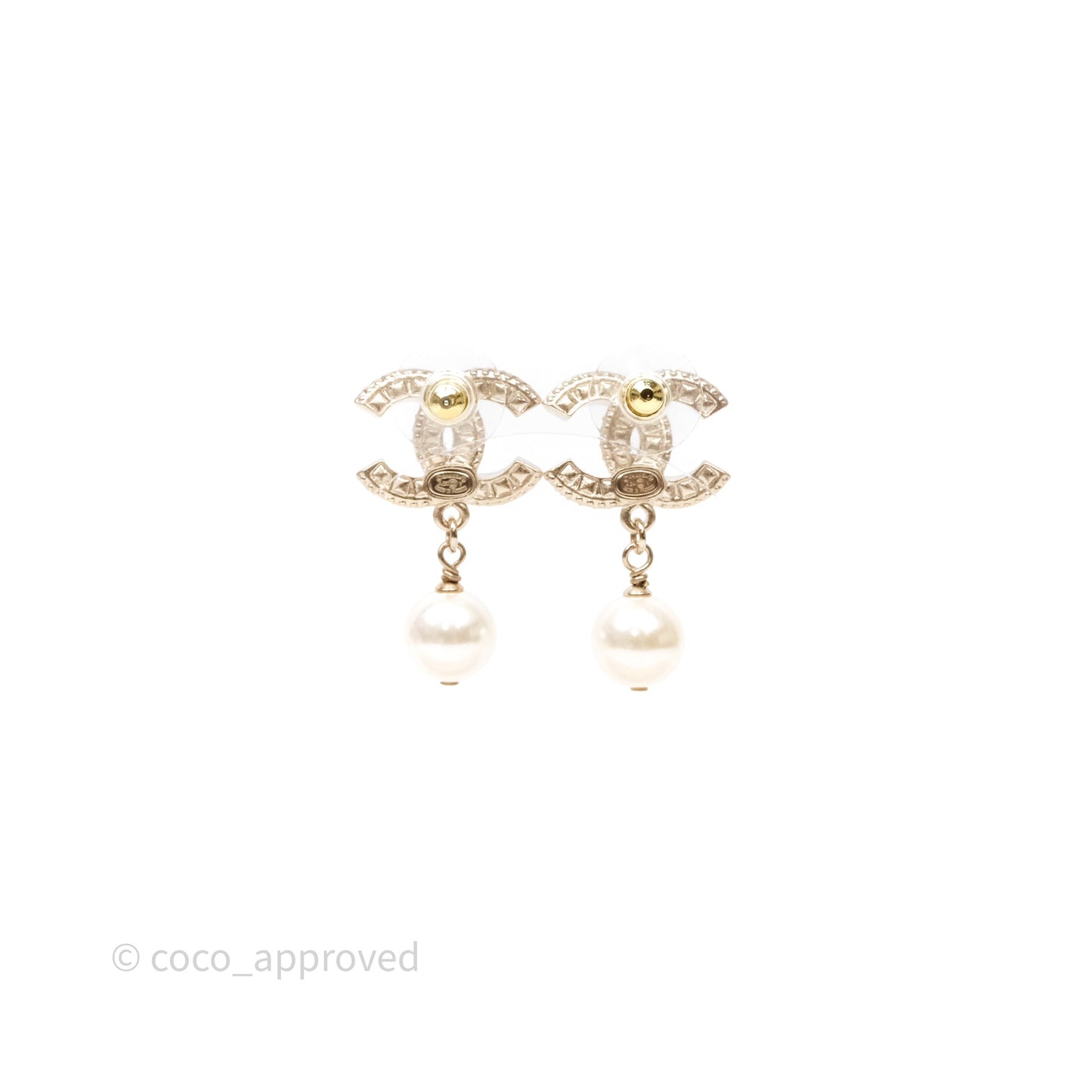 Chanel Crystal CC Pearl Drop Earrings Gold Tone 24V