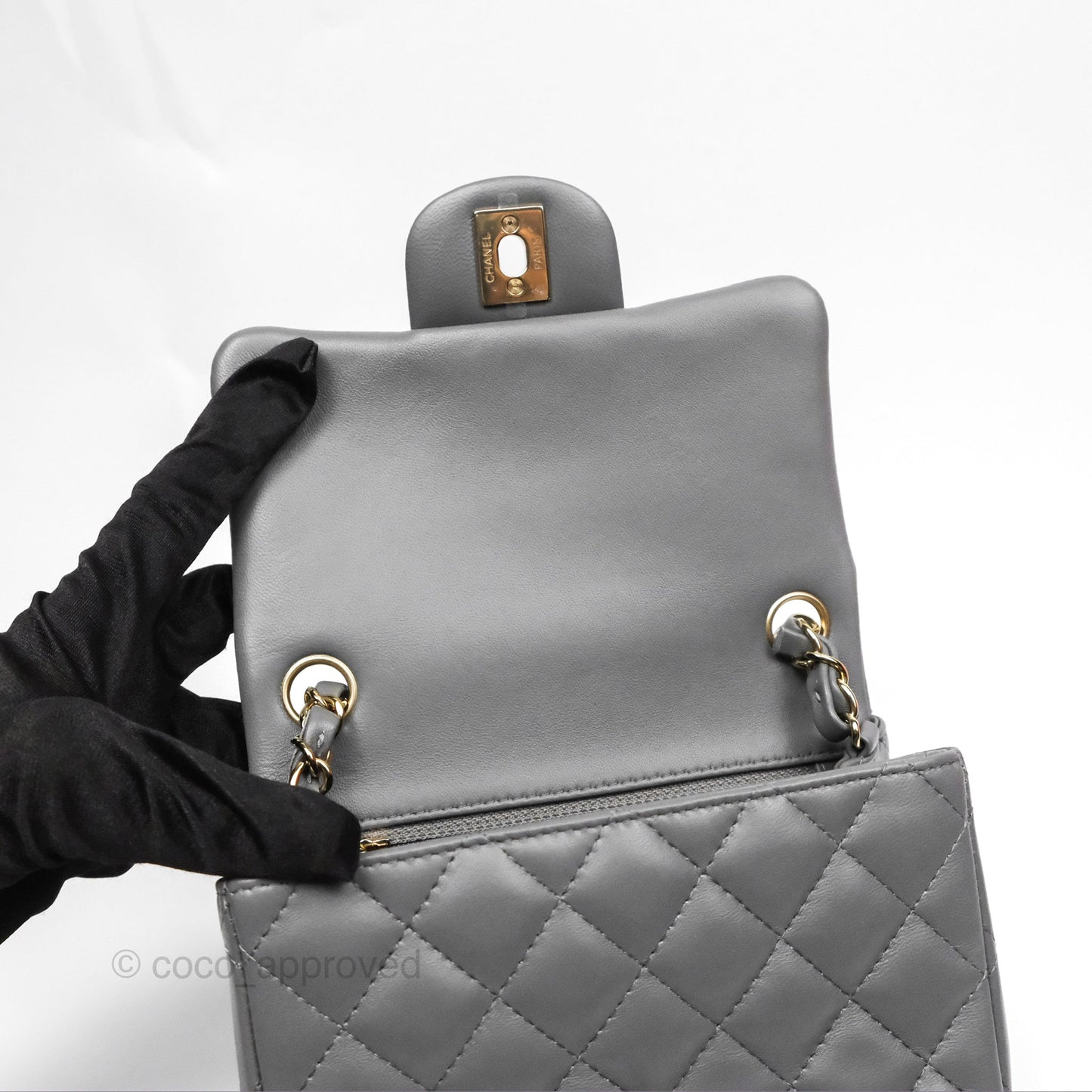 Chanel Mini Square Quilted Grey Lambskin Gold Hardware