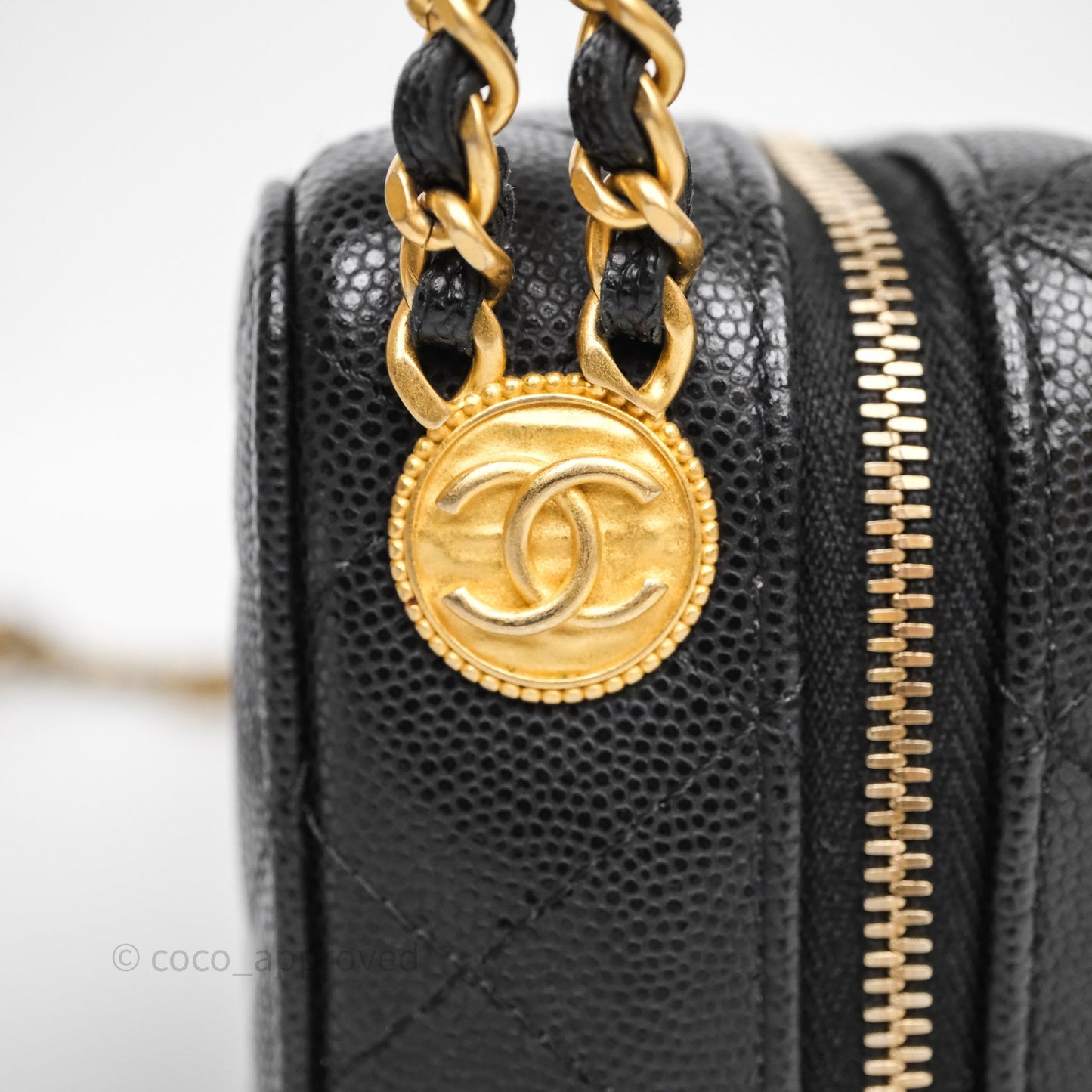 Chanel Quilted CC Coins Purse Chain Camera Case Black Caviar Aged Gold Hardware