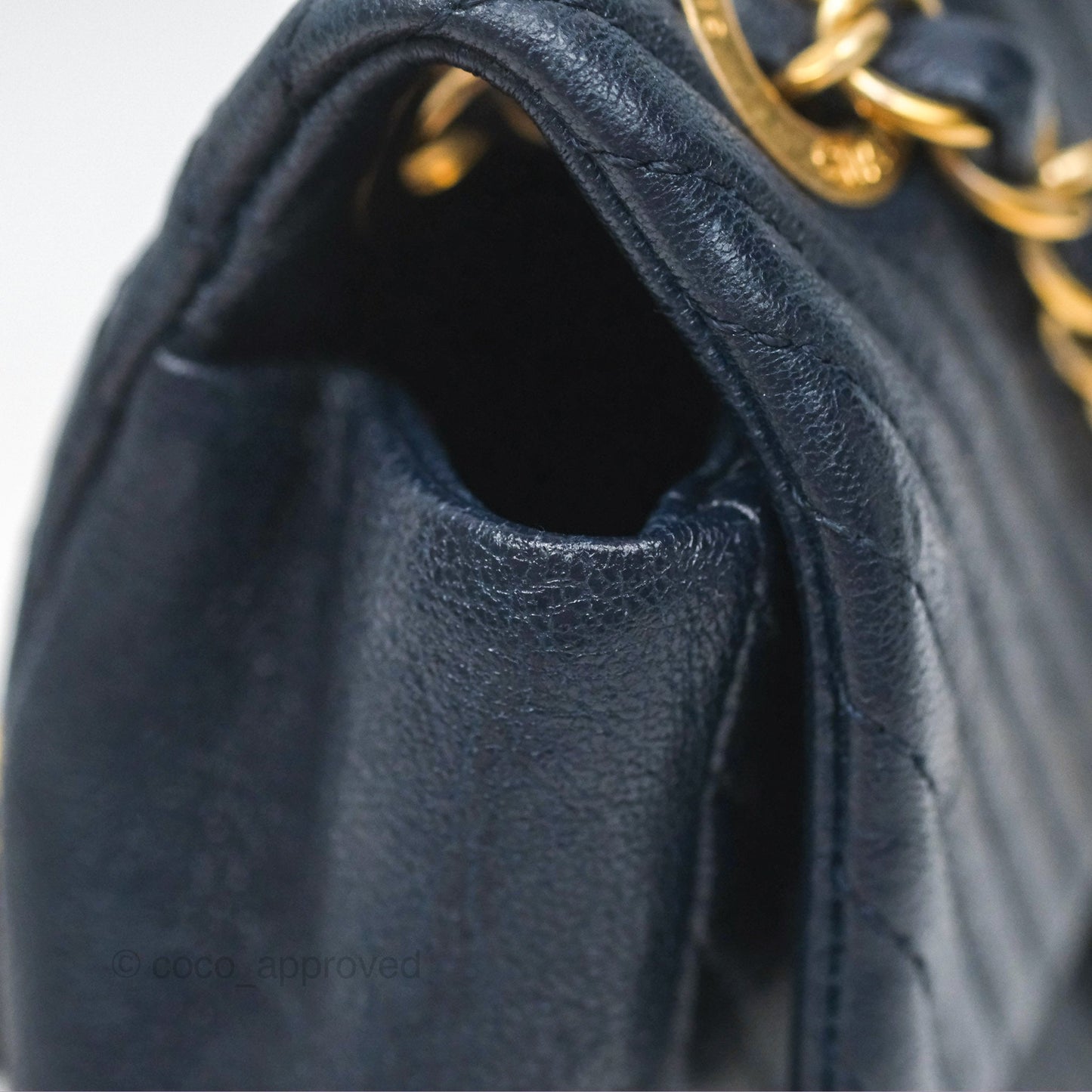 Chanel Small Chevron Surpique Flap Navy Calfskin Aged Gold Hardware