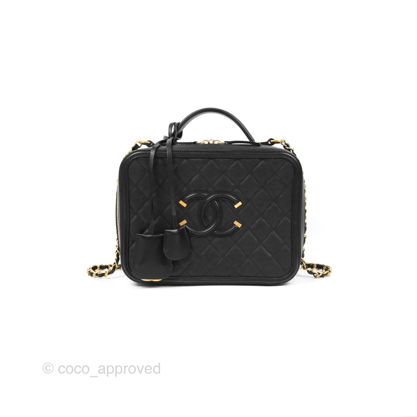 Chanel Quilted Large CC Filigree Vanity Case Black Caviar Gold Hardware