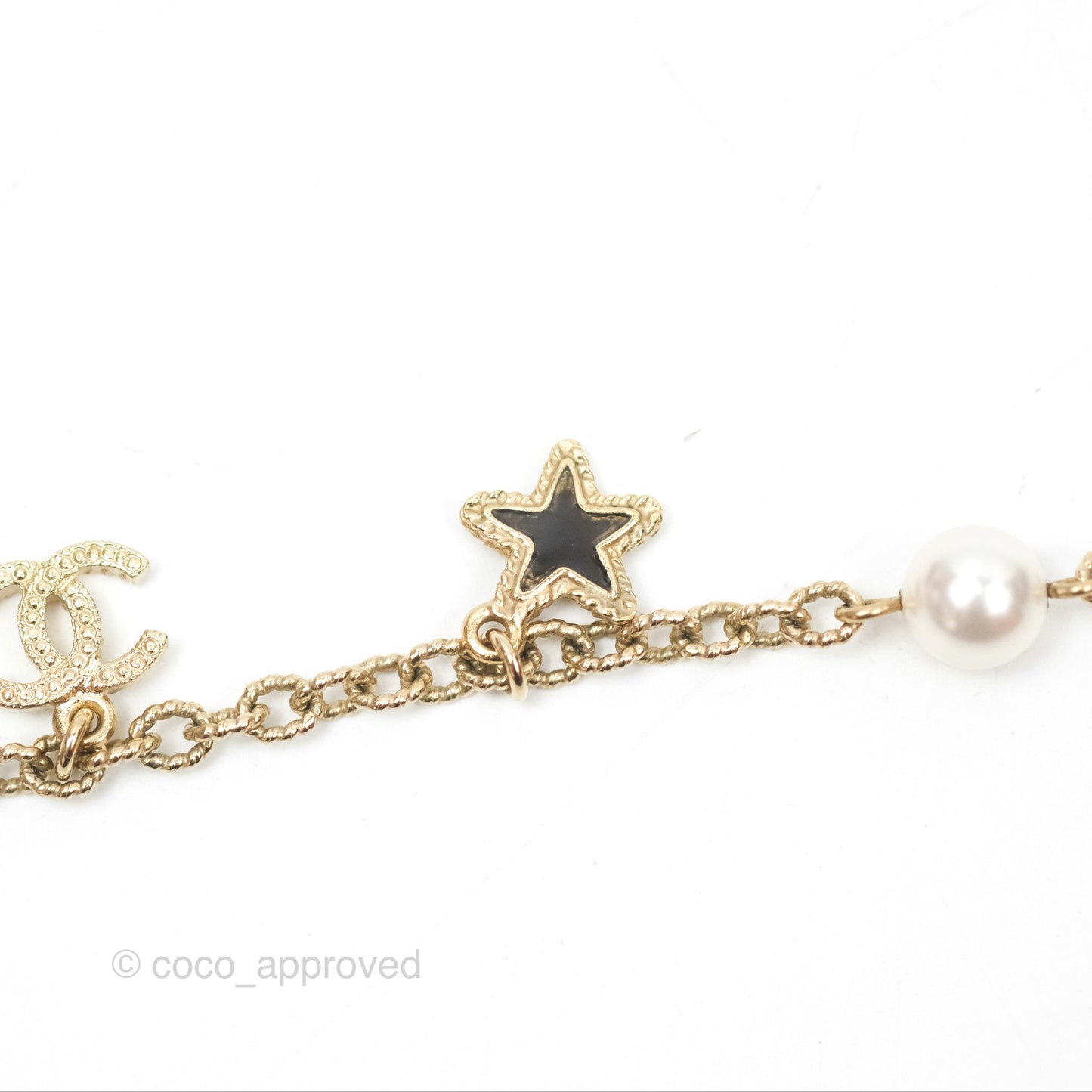 Chanel CC Pearl Star Black Pendant Bracelet Gold Tone 20S