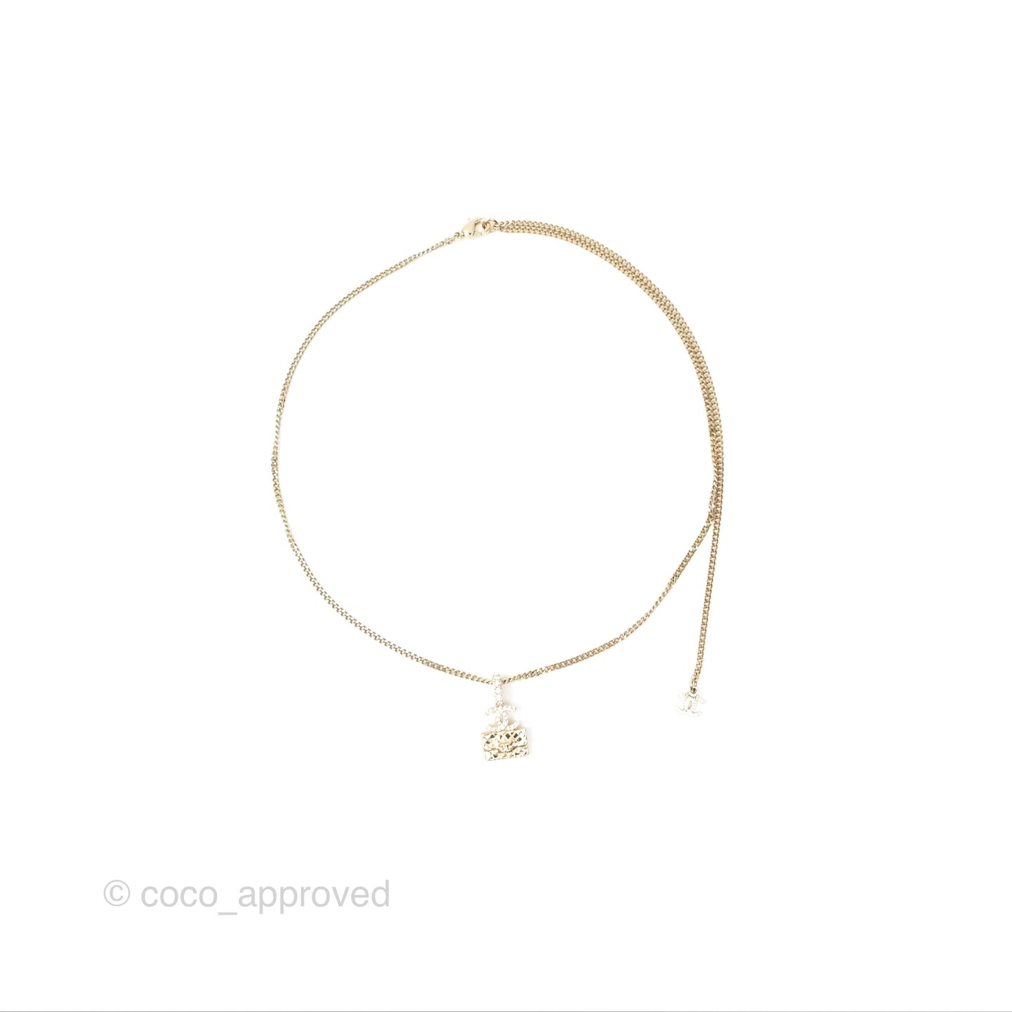 Chanel Crystals CC Flap Bag Pendant Necklace Gold Tone 23B
