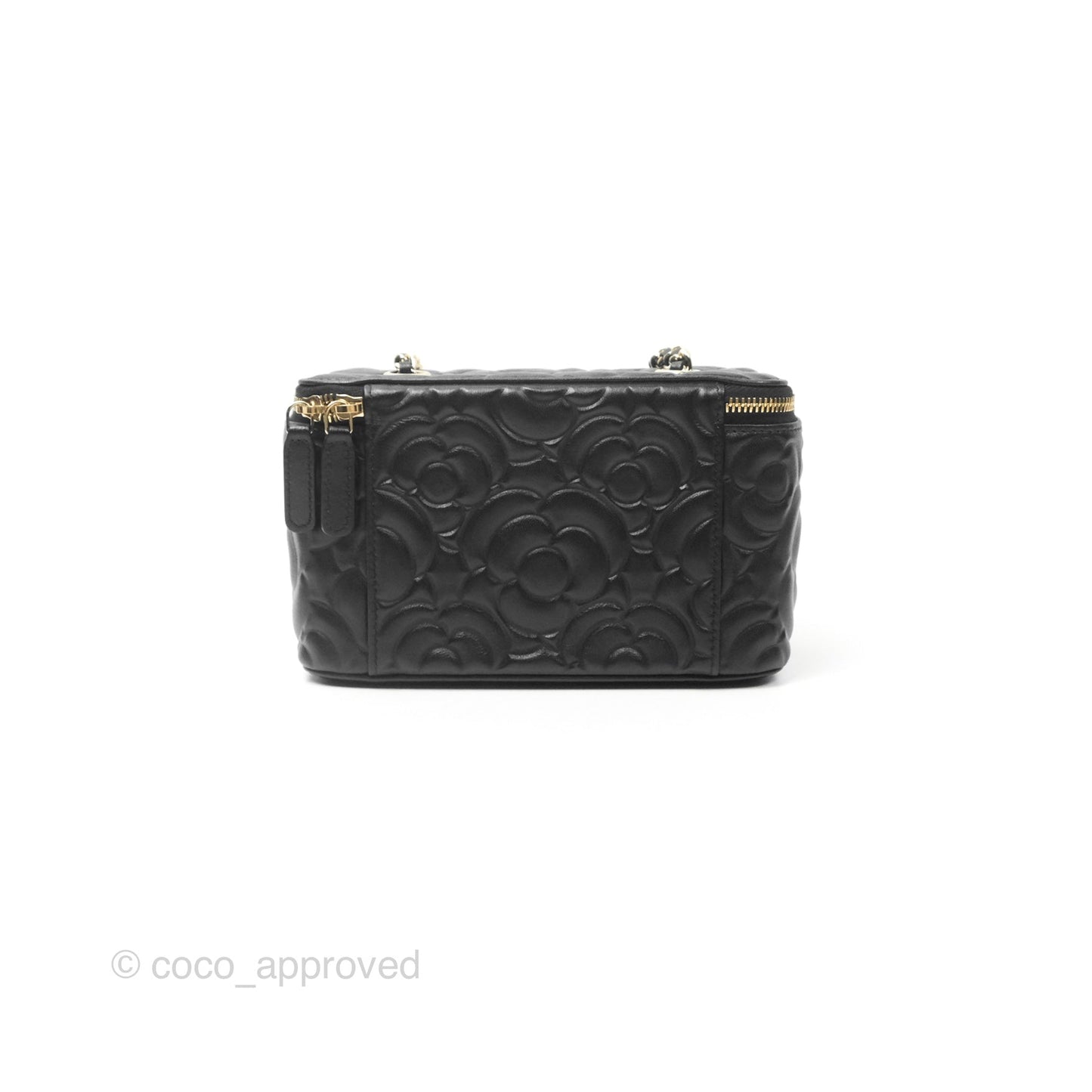 Chanel Vanity Rectangular Camellia Embossed Black Lambskin Gold Hardware 21S