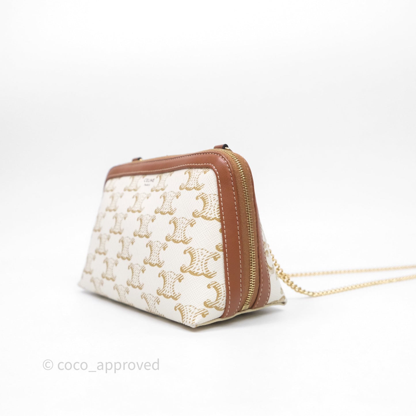 Celine Clutch With Chain Triomphe Canvas Lambskin White/Tan