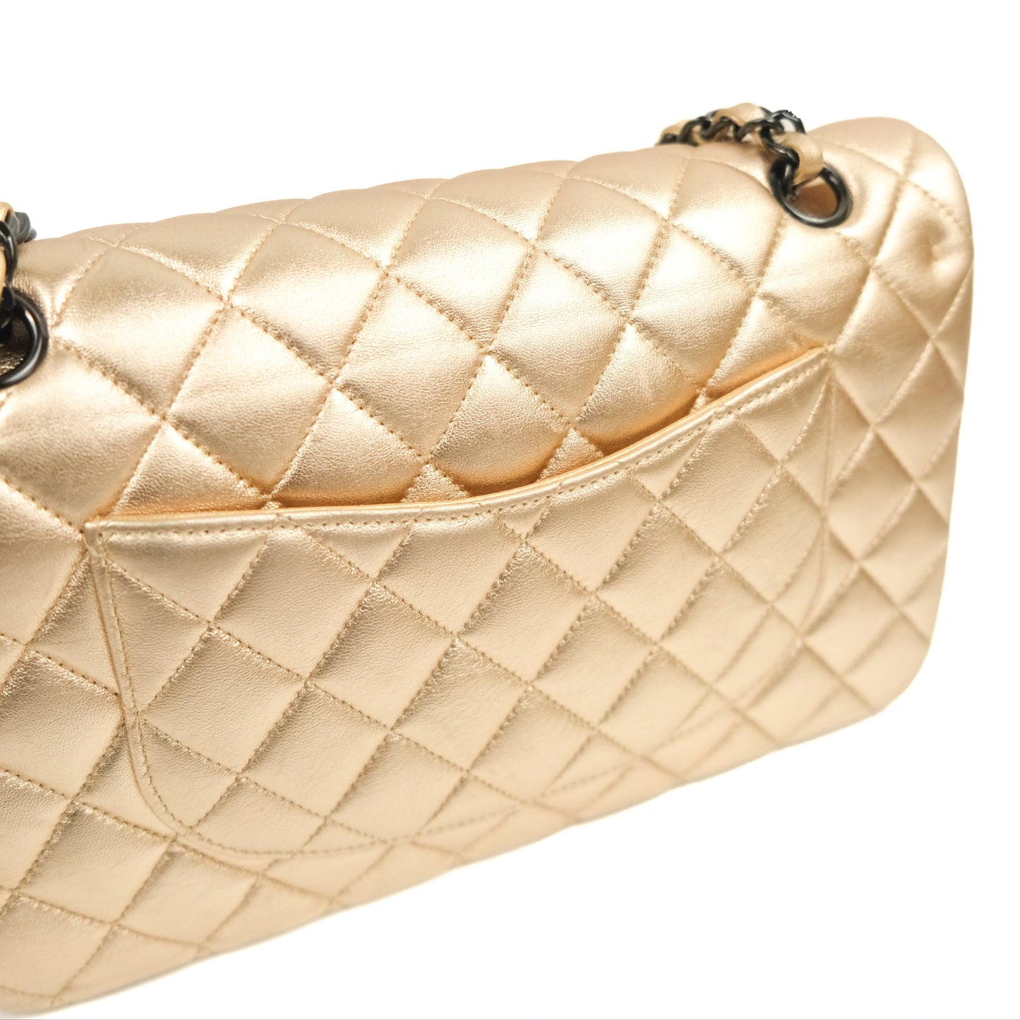 Chanel Classic M/L Medium Flap Quilted Metallic Gold Lambskin Gun Metal