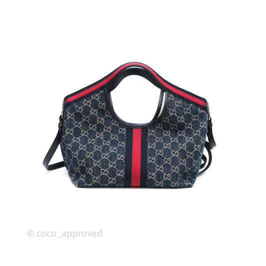 Gucci Giglio Small Tote Bag Blue and White GG Denim