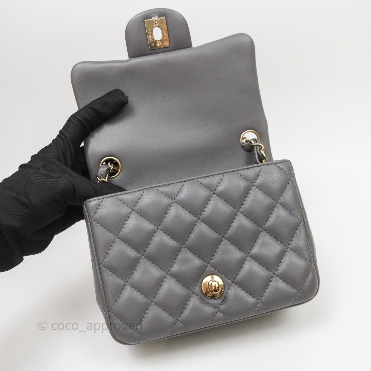 Chanel Mini Square Quilted Grey Lambskin Gold Hardware