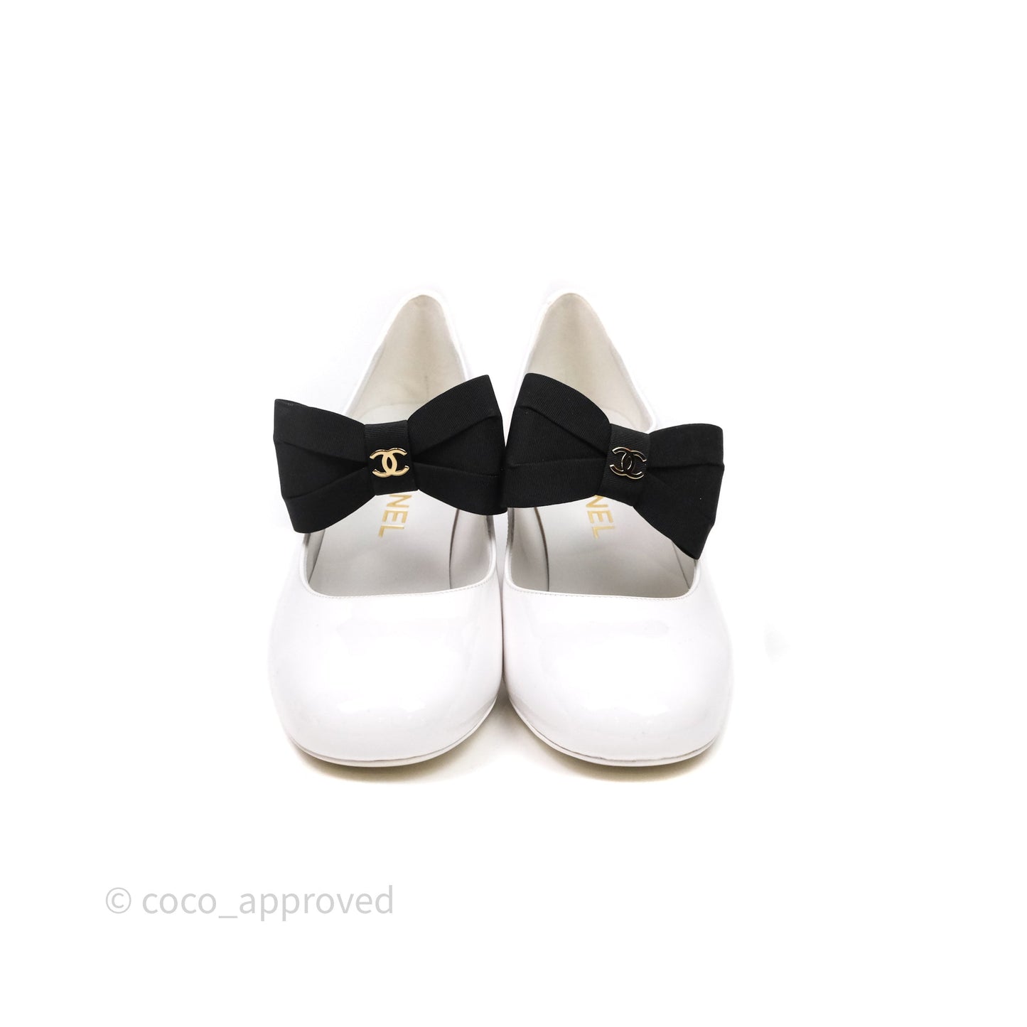 Chanel CC Ribbon Mary Jane Block Heels White Patent Size 39