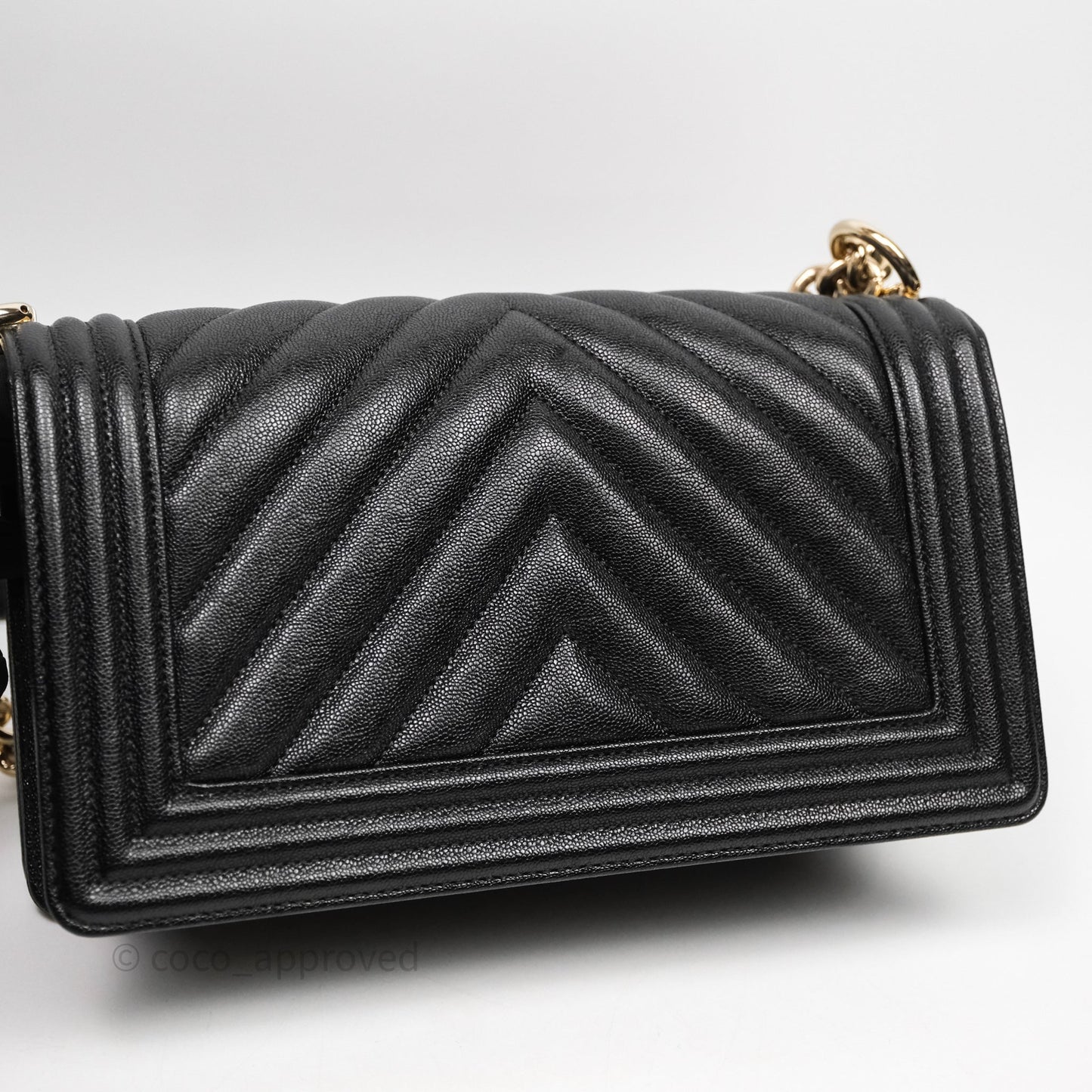 Chanel Medium Boy Chevron Black Caviar Light Gold Hardware