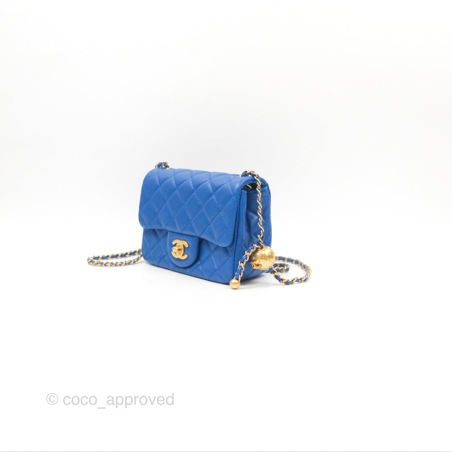 Chanel Pearl Crush Mini Square Quilted Blue Lambskin Aged Gold Hardware