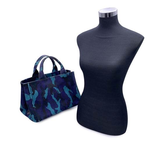 Luxury PradaBlue Camouflage Canvas Canapa Logo Tote Bag