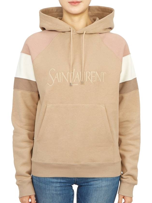 Luxury Saint Laurent Front Logo Cotton Hoodie Beige