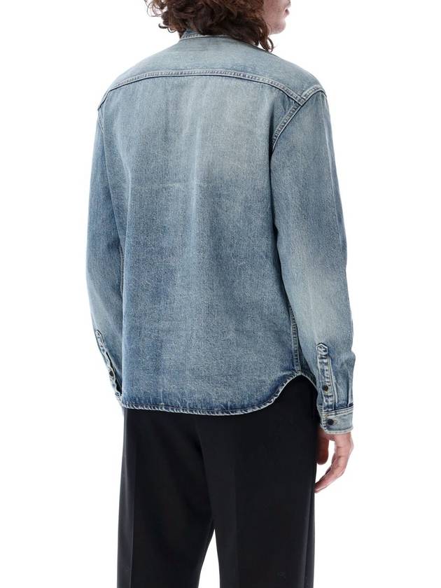 Luxury Saint Laurent Men's Cassandre Logo Denim Long Sleeve Shirt Blue