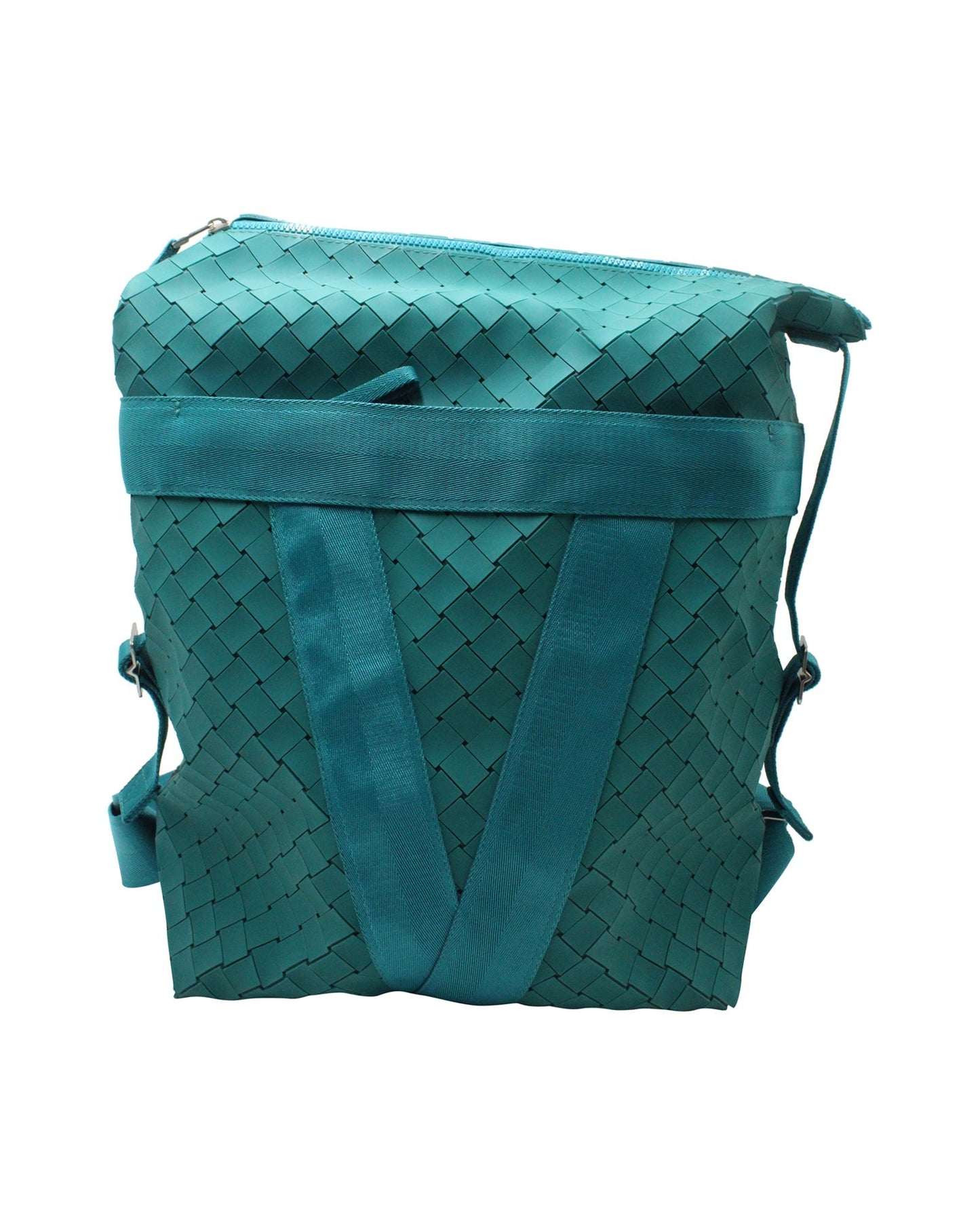 Luxury Bottega Veneta Intrecciato Rubberised Backpack In Turquoise Canvas