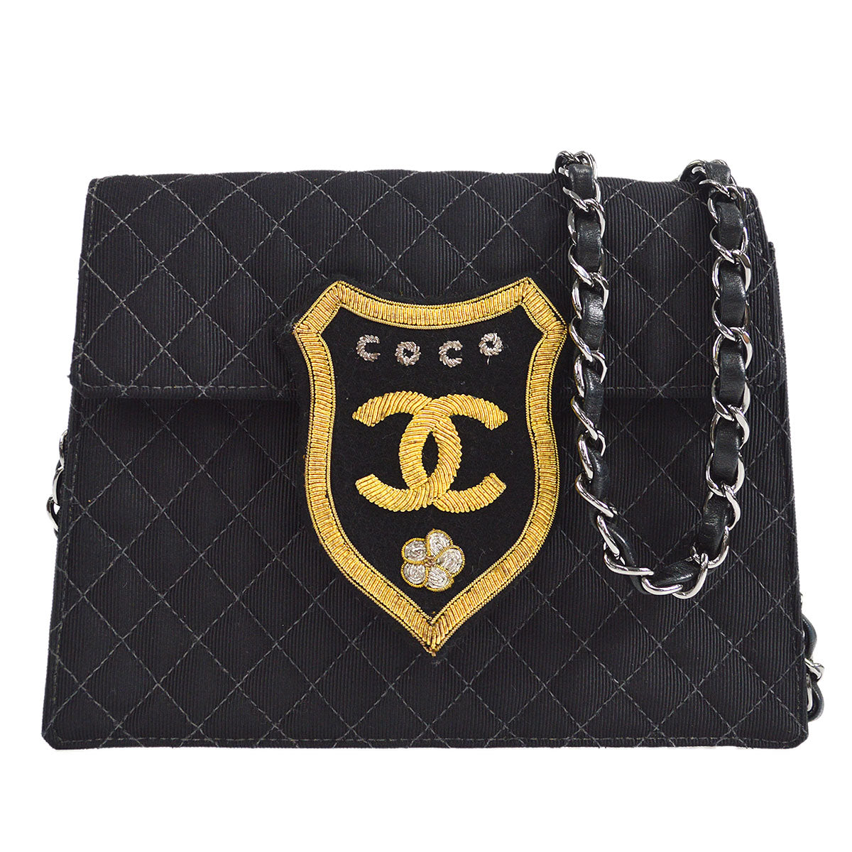 Luxury Chanel * 2005 Emblem Shoulder Bag Mini Black Canvas
